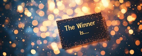 A greeting card announcing the winner against a blurred bokeh backdrop