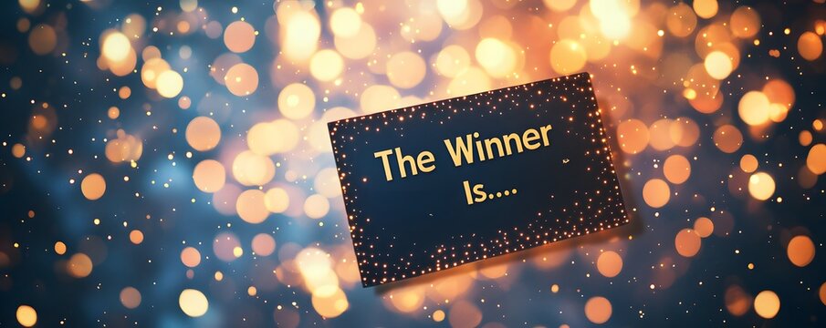 A greeting card announcing the winner against a blurred bokeh backdrop