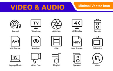 Audio Video Icons Pack. Thin line icons set. Flat icon collection set. Simple outline icons.