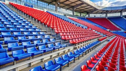 Bench of a football stadium with red and blue seats in a crowded atmosphere , crowd, game,  crowd, game, seats, sports