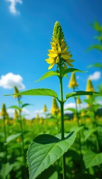 Dogbane's green foliage and yellow flowers against a blue sky, cannabinum, nature, dogbane