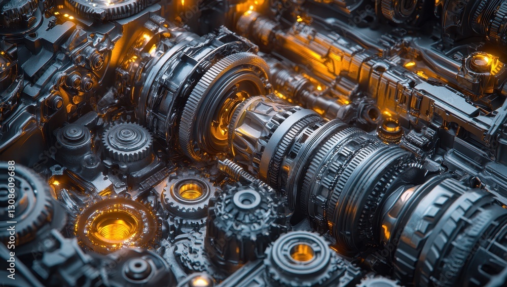Poster intricate machine components with glowing elements and metallic textures representing modern technol