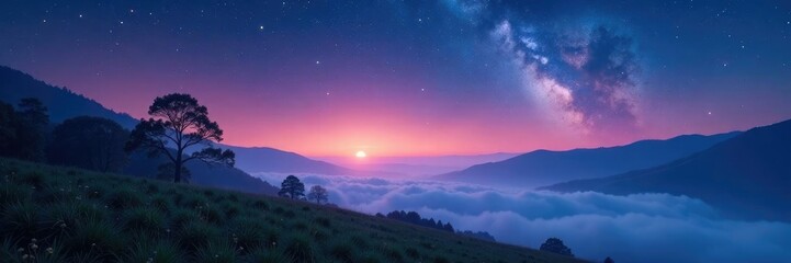 Dreamy starry landscape with misty atmosphere and subtle sparkles, enchanting, atmospheric