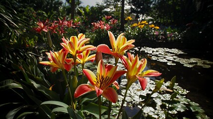 Red And Yellow Lilies Blooming Near A Pond