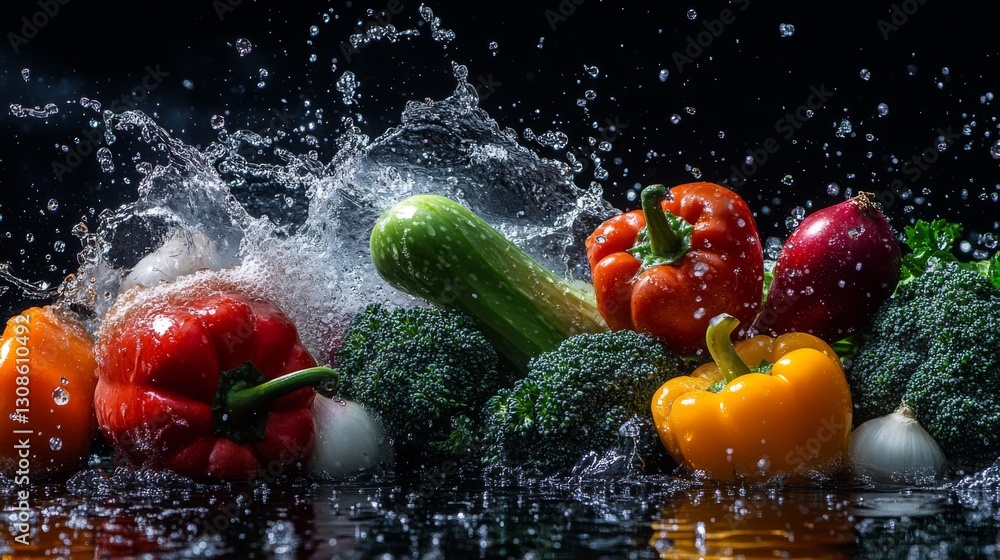 Poster a colorful array of vegetables, including zucchini, peppers, and broccoli, splashed with water again