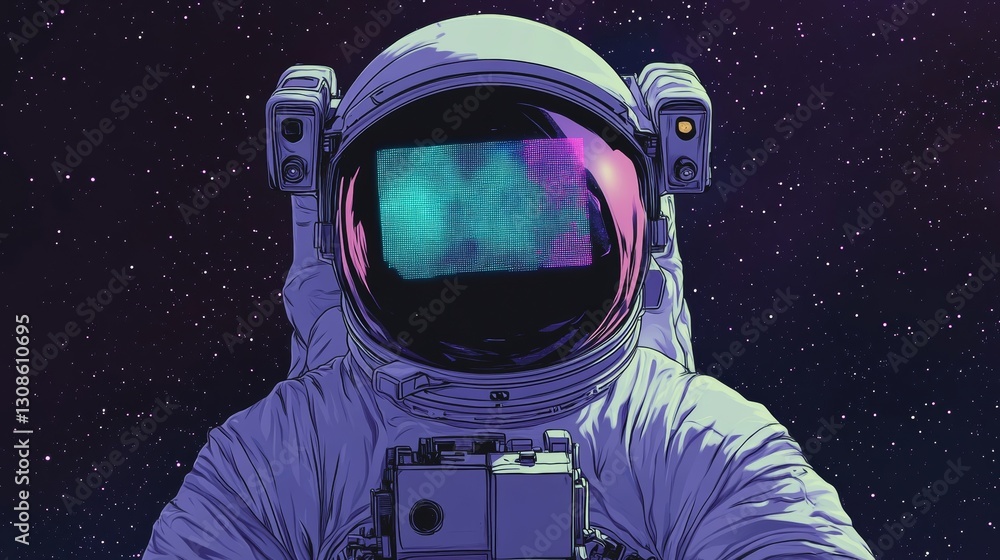 Poster a detailed digital artwork of an astronaut with a glowing abstract visor, surrounded by the vastness