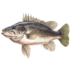 Naklejka premium Detailed illustration of a fish, showcasing its scales and fins against a black background. A study in natural detail.