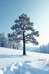 Forest tree in midst of vast white snowy field, winter wonderland, serene