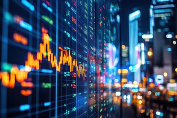 Fototapeta premium A digital financial screen showcasing global trading markets, stock data, and economic indicators, with a corporate city backdrop.