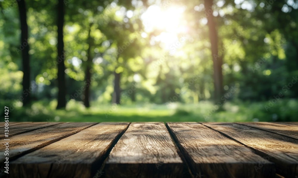 Poster empty rustic wood table surface with forest and sunlight background