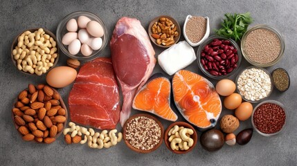Fototapeta premium A selection of high-protein ingredients, including beef, salmon, cashews, eggs, and grains, presented in an organized overhead shot on a gray surface. Ideal for nutritional themes, dietary planning