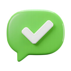 A glossy green speech bubble icon with a white checkmark symbolizing on transparent background