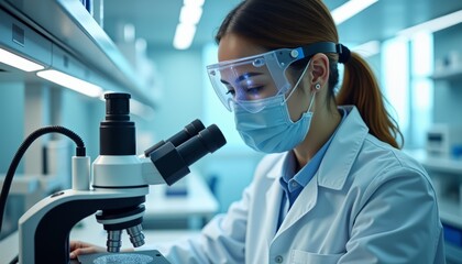 A female scientist looking into a microscope in a laboratory