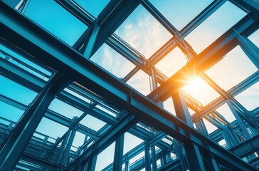 Naklejka premium Light Shines Through Architectural Framework of Steel Beams and Glass in Modern Design, Captivating Urban Landscape with Vibrant Sky