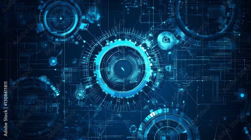 Poster a blue background with a large circle in the middle and smaller circles surrounding it. the circles 