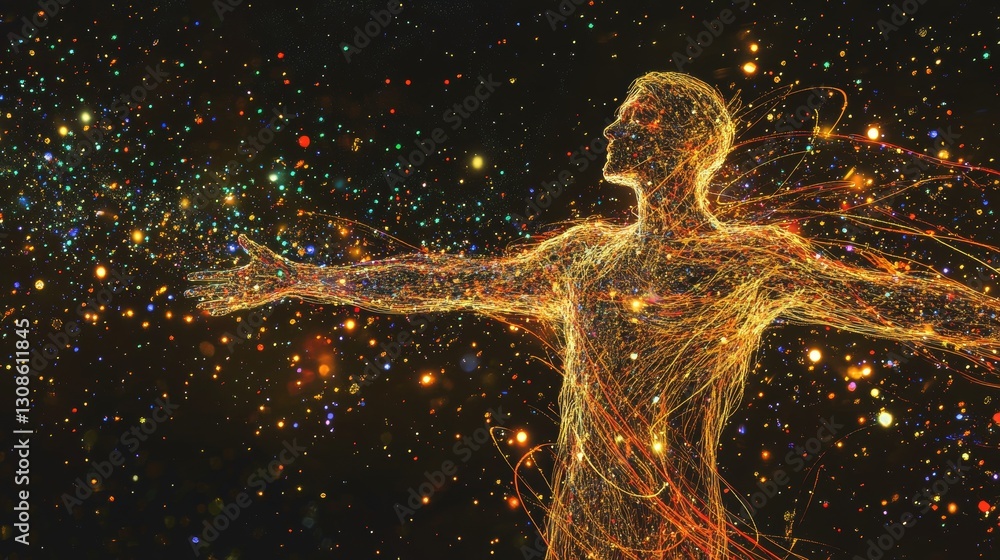 Poster a vibrant digital rendering of a human figure made of energy lines, arms outstretched in cosmic spac