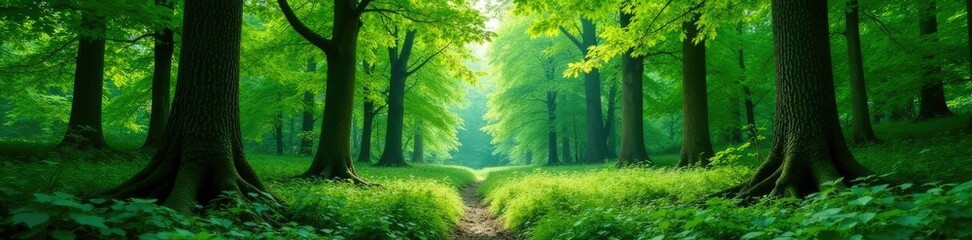Green netting in a forest with mature deciduous and coniferous trees, natural, branches