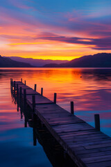 Obraz premium Tranquil Sunset Over Serene Lake with Silhouetted Mountains and Wooden Pier