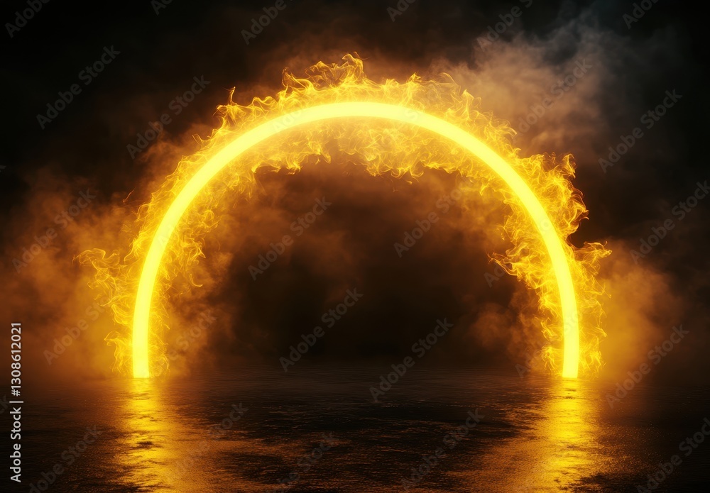Aufkleber majestic flaming circular portal emerges from dark mist on wet surface, illuminating surroundings wi