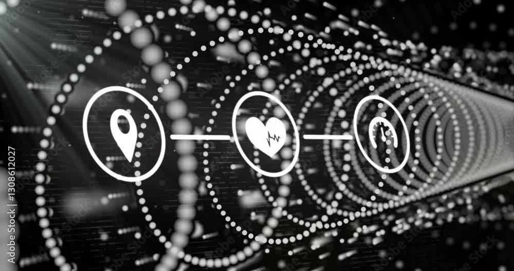 Poster heart and brain icons connected by lines over digital tunnel animation