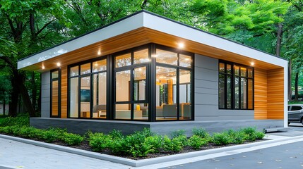 Fototapeta premium Modern Contemporary House Design Luxury Home Exterior Wood and Grey Siding Large Windows Evening