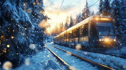 Detailed Winter Scene Featuring a Modern Train Passing Through Snowy Landscapes (Version 2)