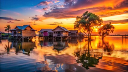 Obraz premium Serene sunset over wooden huts on calm water with vibrant sky