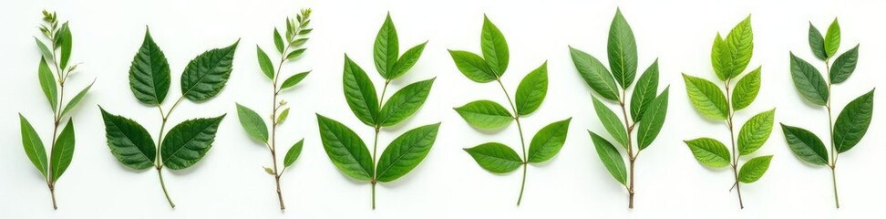 Leafy branches with varying textures on white background, botanical, nature