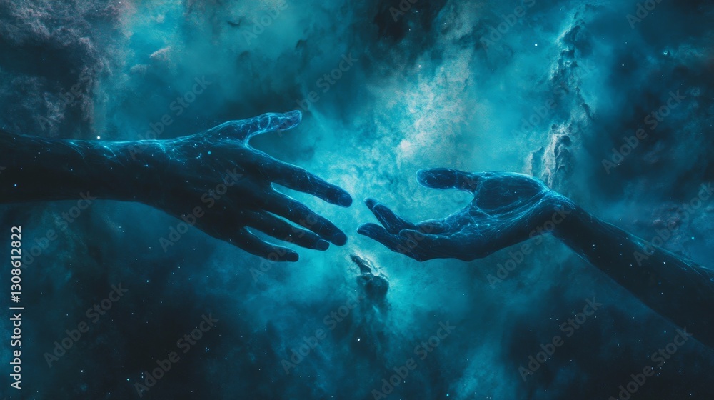Poster an ethereal scene showing two hands reaching towards each other in a celestial, star-filled backgrou