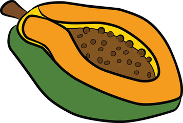 Vivid cartoon-style drawing of a halved papaya, highlighting its vibrant orange pulp and black seeds, presenting a tropical fruit and healthy lifestyle concept.