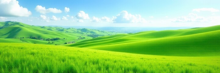 Fototapeta premium Expansive green meadow, rolling hills, clear sky, landscape, clouds, horizon