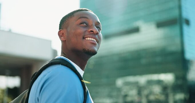 Smile, thinking and medical student or black man in city for future, healthcare and opportunity. Doctor program, nursing internship and happy with person outdoors for residency training and idea