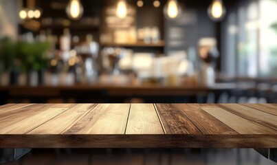 Wooden Tabletop Product Display with Blurred Restaurant Background and Warm Lights