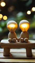 Two charming wooden lightbulb figures sit on a small wooden bench, illuminated warmly as they hold hands, creating a cozy and whimsical scene perfect for themes of friendship, warmth, and creativity