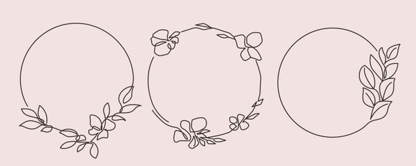 Line Art Botanical Wreath Set. Vector Floral Design of One Line Doodles of Flowers Wreath. Floral Sketch Minimalist Illustration.