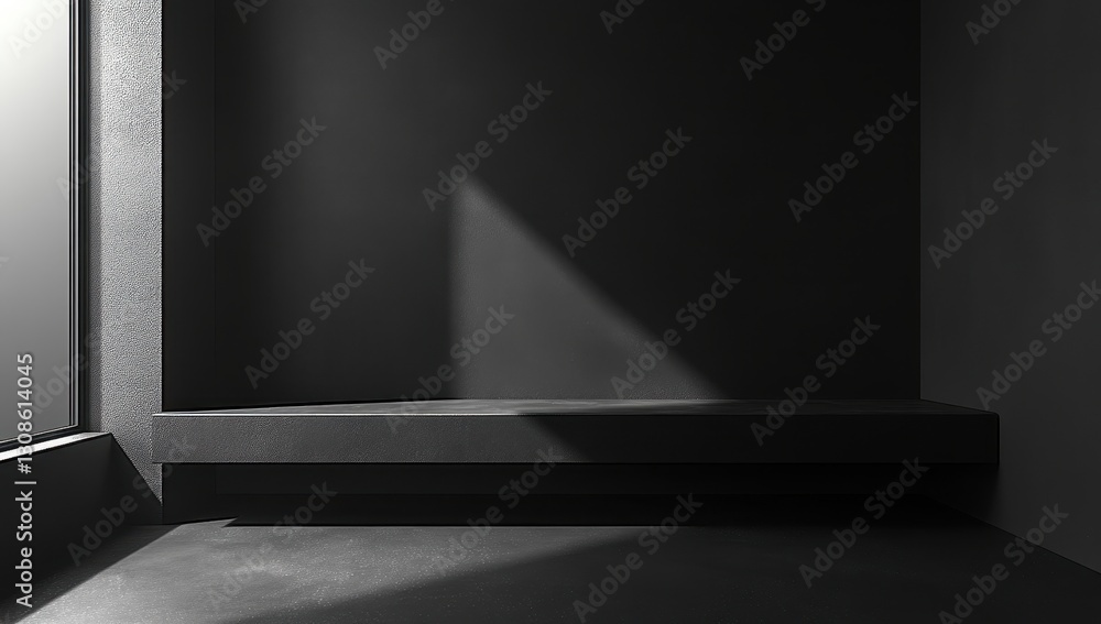 Poster minimalist interior space showcasing a dark wall, floor, and angular shelf illuminated by soft natur