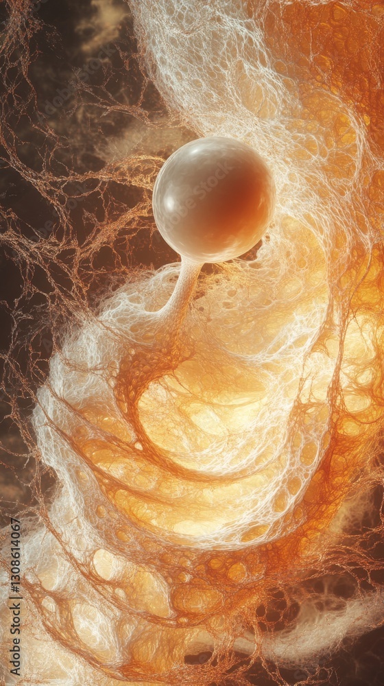 Poster an abstract, close-up view of a glowing sphere suspended within a fibrous, web-like structure, resem