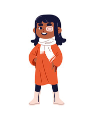 Happy black child with patch on lazy eye. Cute little girl with impaired vision. Kid with ophthalmology bandage has amblyopia, strabismus, seeing disease. Flat isolated vector illustration on white