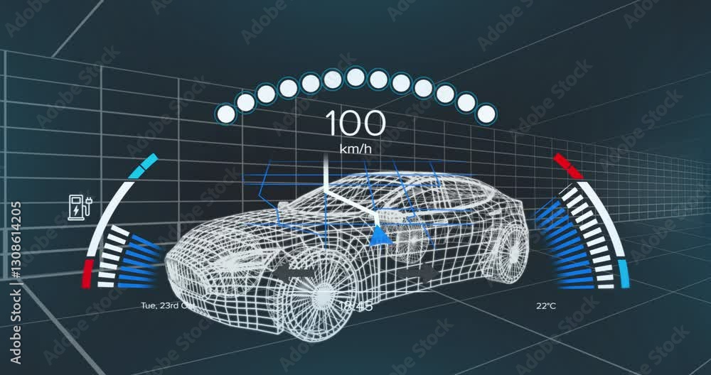 Poster digital wireframe of car with speed and temperature data overlay animation