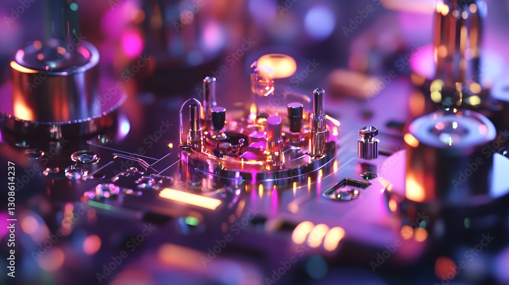 Poster a close up of a circuit board with a glowing center. the image has a futuristic and technological fe