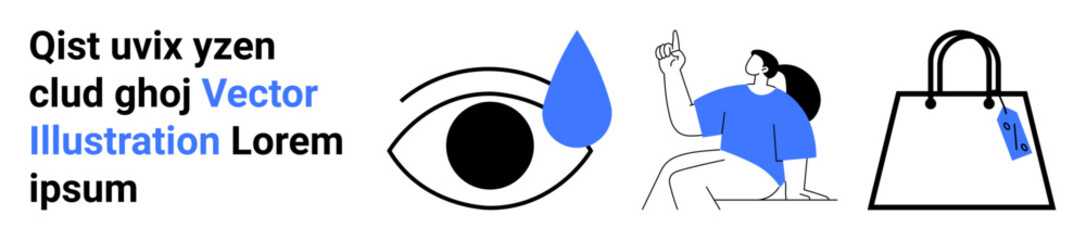 Eye shedding tear, person in casual posture pointing upwards, and handbag with tag. Ideal for awareness, vision, emotions, thinking, shopping branding and modern concepts. Flat landing page banner