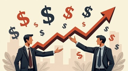 A stock illustration representing Political debate in brown and gray colors, with clean lines and metaphors of dollar signs and rising arrows. Texture overlays create a spatial depth.
