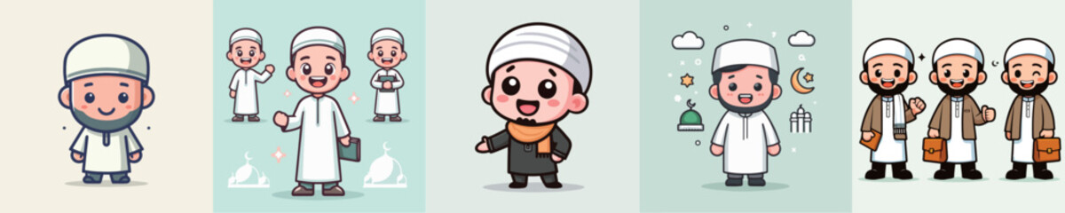 Set of Cheerful Muslim Male Vector Character Images