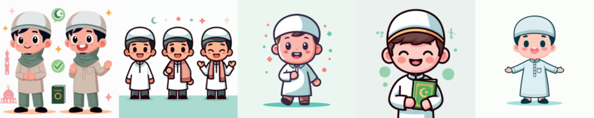 Set of Cheerful Muslim Male Vector Character Images