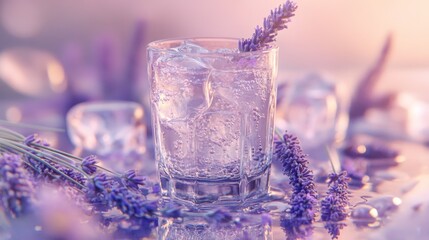 Refreshing glass of sparkling lavender-infused cocktail, filled with ice cubes and garnished with a fresh lavender sprig. Soft lavender flowers scattered around create a calming, floral ambiance.. AI