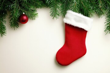 Festive Christmas Stocking & Branches on White.