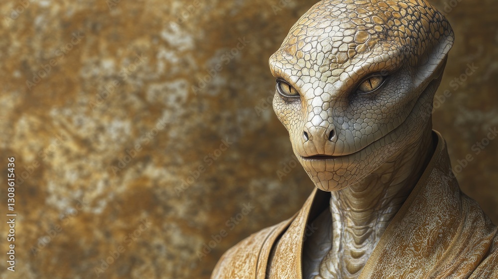 Poster detailed 3d rendering of an anthropomorphic reptile alien character with realistic textures, wearing
