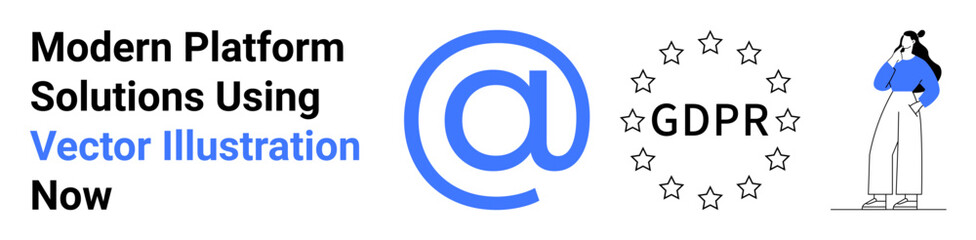 Person standing contemplatively, blue email at icon, GDPR stars circle. Ideal for data privacy, compliance, internet laws, communication, tech solutions, business ethics flat landing page banner