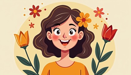 A Smiling Woman Surrounded By Flowers in a Cheerful Composition