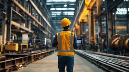 Industrial worker walking past steel beams, monitoring factory statistics on a rugged tablet in a bright industrial space